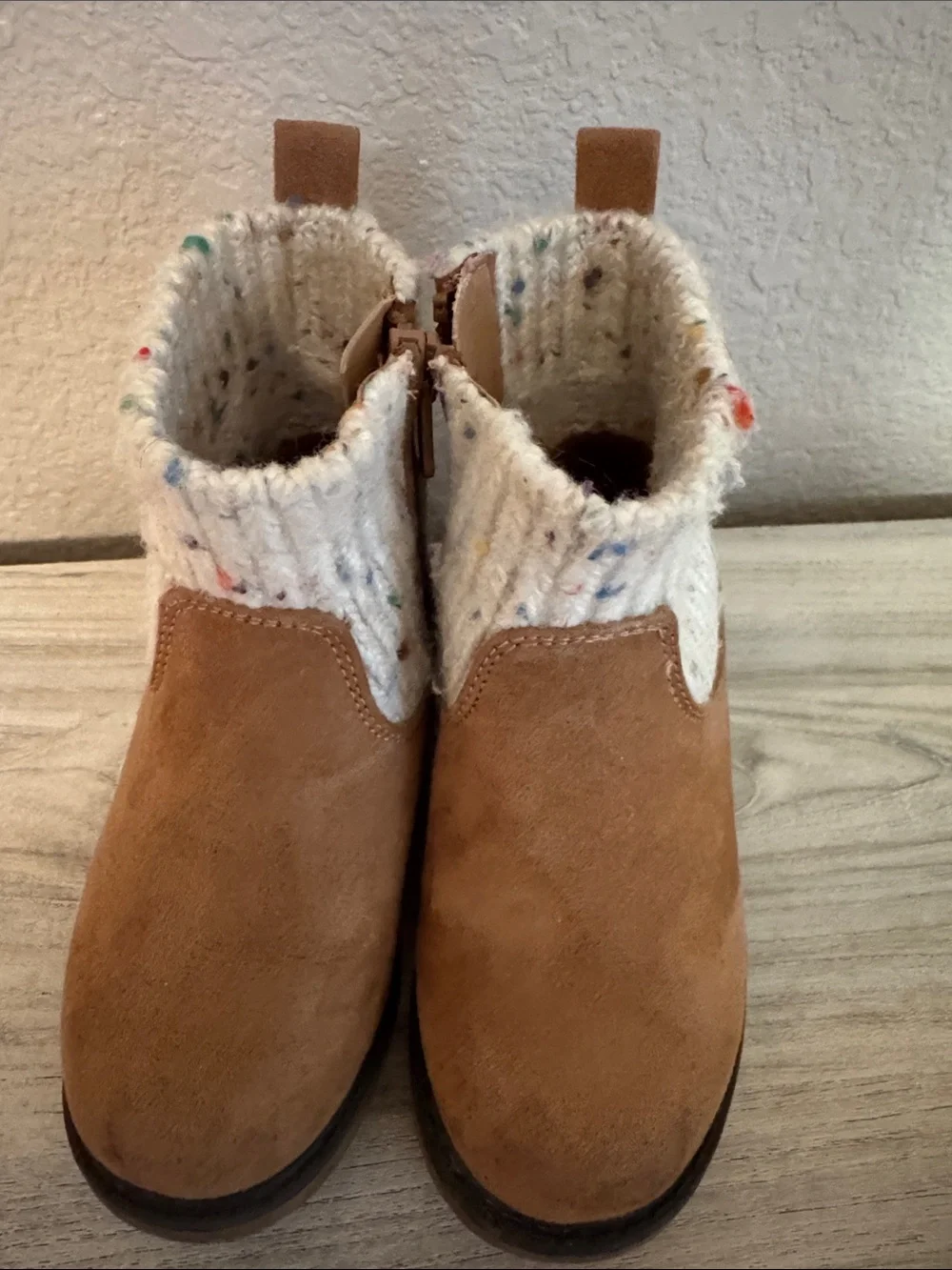 Cat & Jack Tan Booties with Cream Speckled Knit Cuff